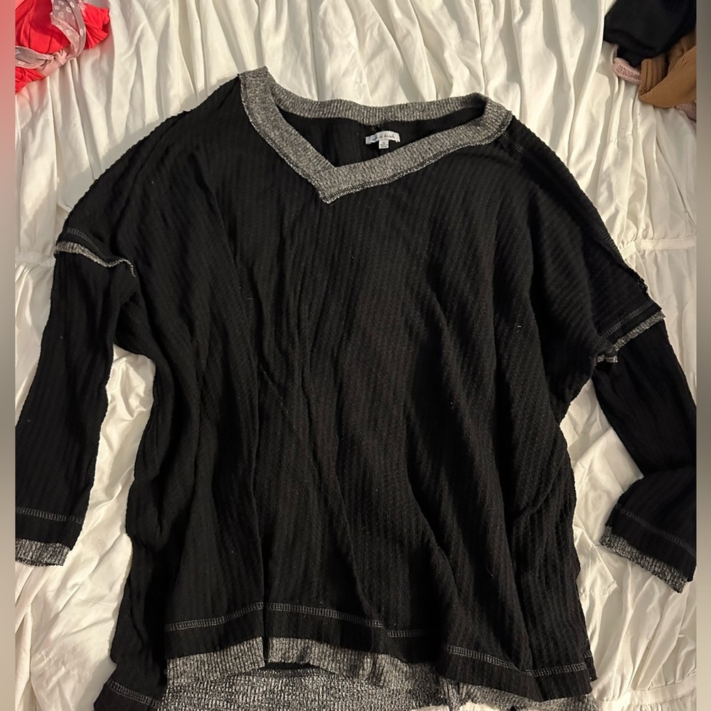 Black and grey waffle knit top